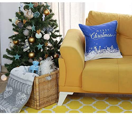 Christmas Snow Blue Printed Throw Pillow Cover Gift 18"x18" Color Quotes Sayings Traditional Polyester Removable - Diamond Home USA
