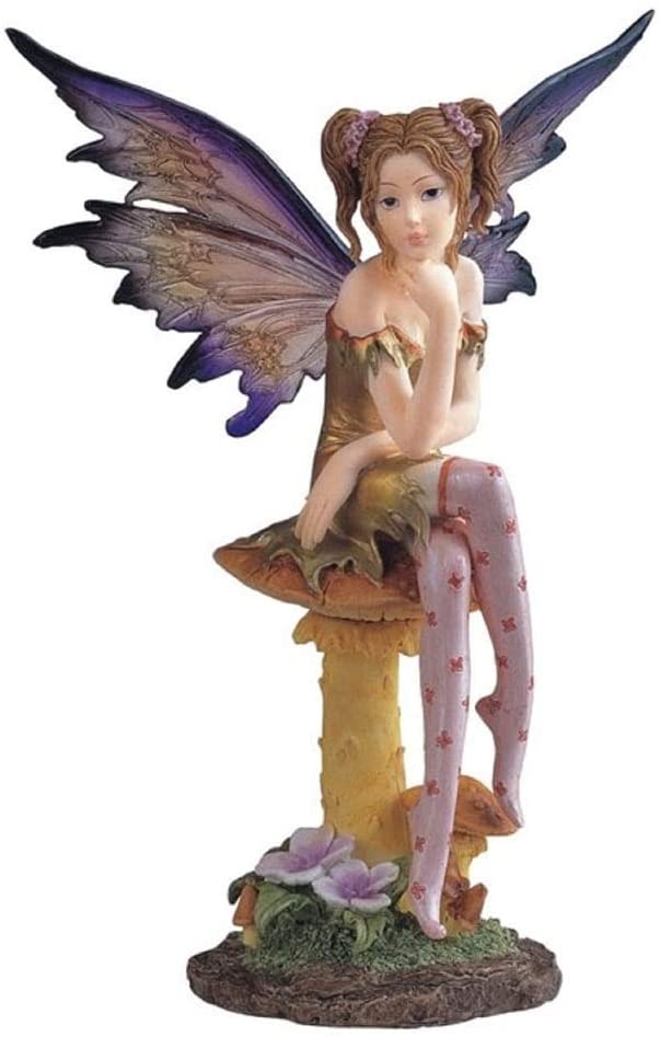 8" h Gold Fairy Clear Wings Sitting Mushroom Statue