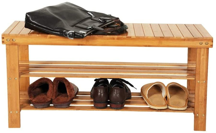 90cm Strip Pattern 3 Tiers Bamboo Stool Shoe Rack Wood Color