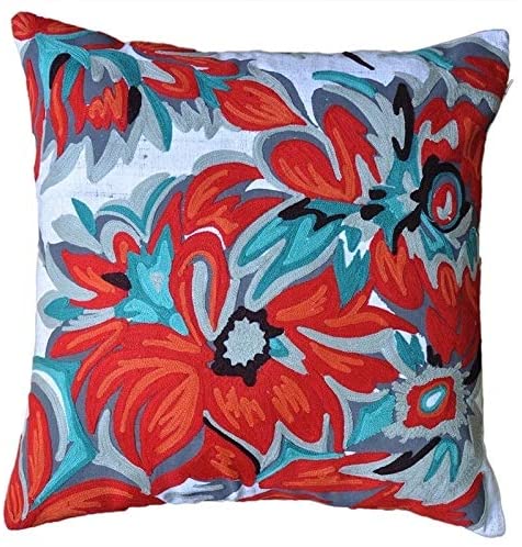 Cotton 17 Inch Throw Pillow Blue Red Floral Casual One Removable Cover