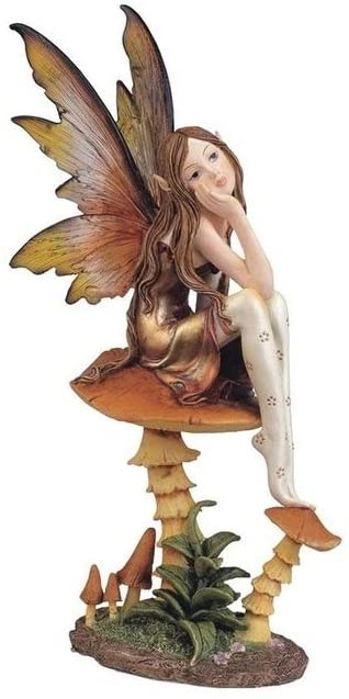 9" h Gold Fairy Clear Wings Sitting Mushroom Statue