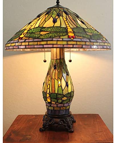 Tiffany Green Dragonfly Table Lamp Lighted Base Yellow Tiffany Traditional Copper - Diamond Home USA
