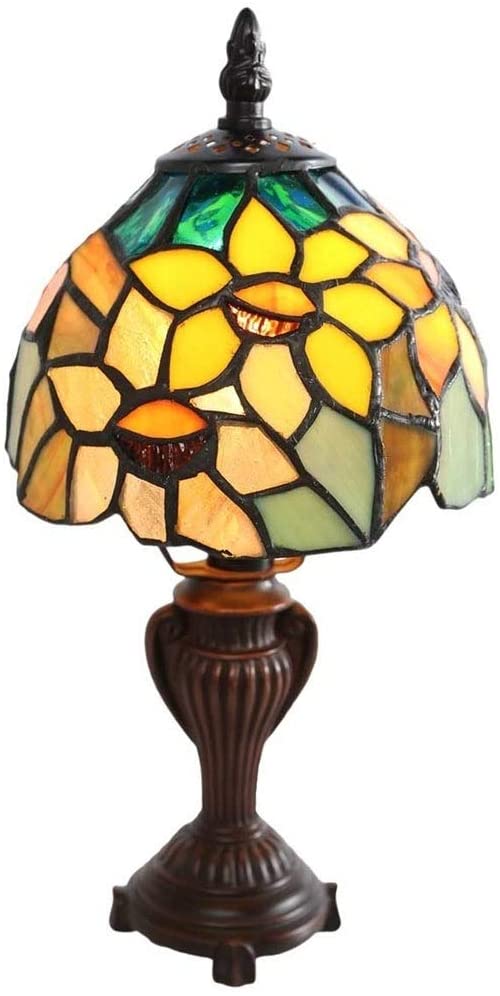 Blandford 11 5 inch Tiffany Stained Glass Sunflower Blossoms Lamp 6" l X 6" w 12" h Blue Orange Yellow Bronze - Diamond Home USA