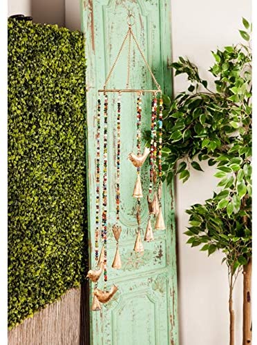 Eclectic 26 X 7 Inch Gold Bird Wind Chime Colored Beads Bohemian Iron