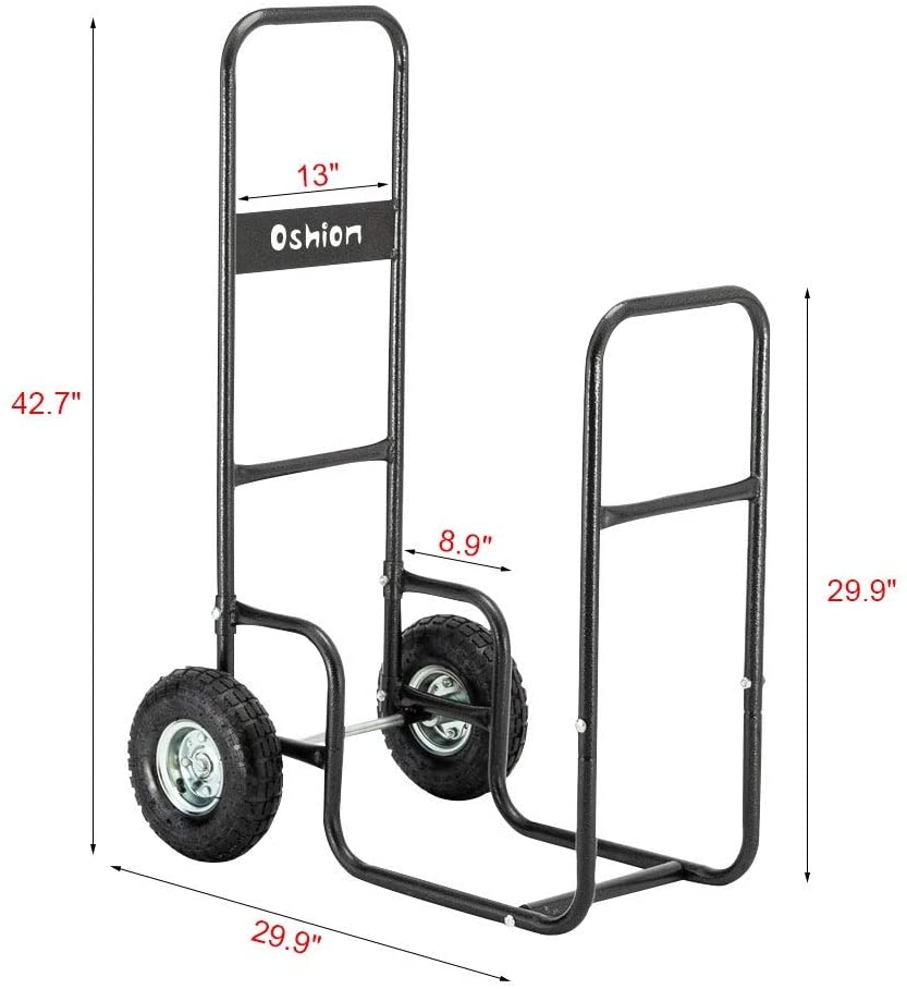 Firewood Cart Large Wheels Fireplace Log Rolling Caddy Wood Black Metal - Diamond Home USA