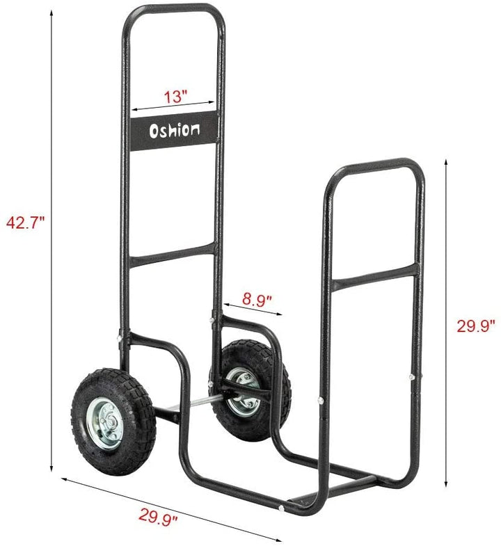 Firewood Cart Large Wheels Fireplace Log Rolling Caddy Wood Black Metal - Diamond Home USA