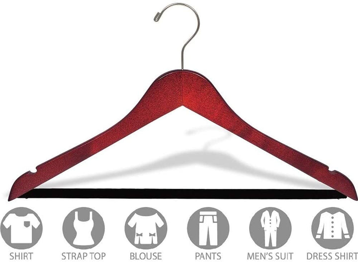 Cherry Finish Suit Hanger Black Velvet Non Slip Bar Box 50 Flat Hangers Notches Brown Chrome Wood - Diamond Home USA