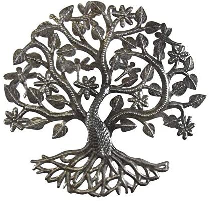 Handmade 14" Tree Life Dragonflies Metal Art (Haiti) Grey Bohemian Eclectic Steel - Diamond Home USA