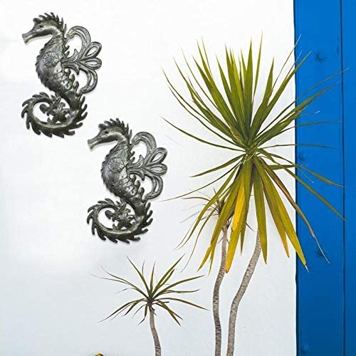 Embossed Seahorse Recycled Metal Wall Art (Haiti) Grey Bohemian Eclectic Nautical Coastal Steel Handmade - Diamond Home USA