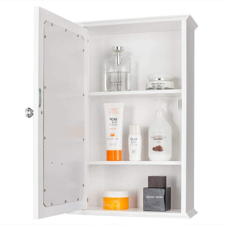 Single Door Mirror Indoor Bathroom Wall Mounted Cabinet Shelf White Modern Contemporary MDF Wood Finish Includes Hardware - Diamond Home USA