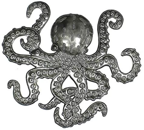 16 inch Embossed Octopus Recycled Metal Wall Art Grey