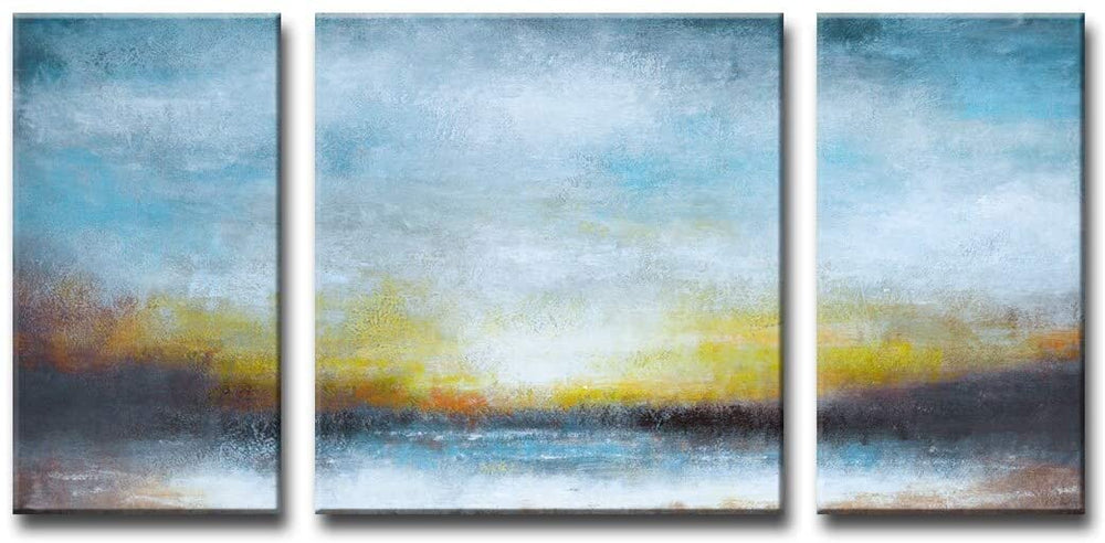 by Jr 3 Piece Wrapped Canvas Wall Art Set Blue White Yellow Modern Contemporary Rectangle Square Wood Handmade Includes Hardware - Diamond Home USA