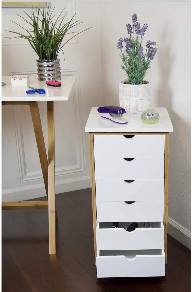 MISC Solid Bamboo Frame 6 Drawer Rolling Cart White MDF Drawers