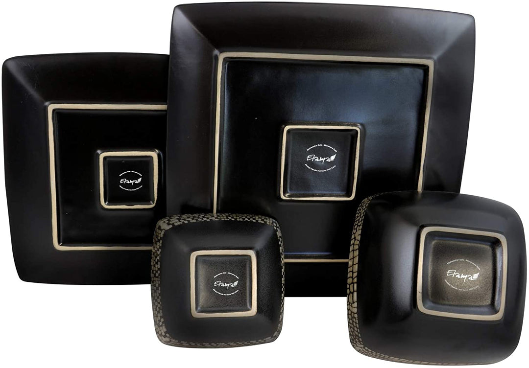 Geo 16 Piece Double Bowl Stoneware Dinnerware Set Brown Geometric Casual Square Microwave Safe - Diamond Home USA