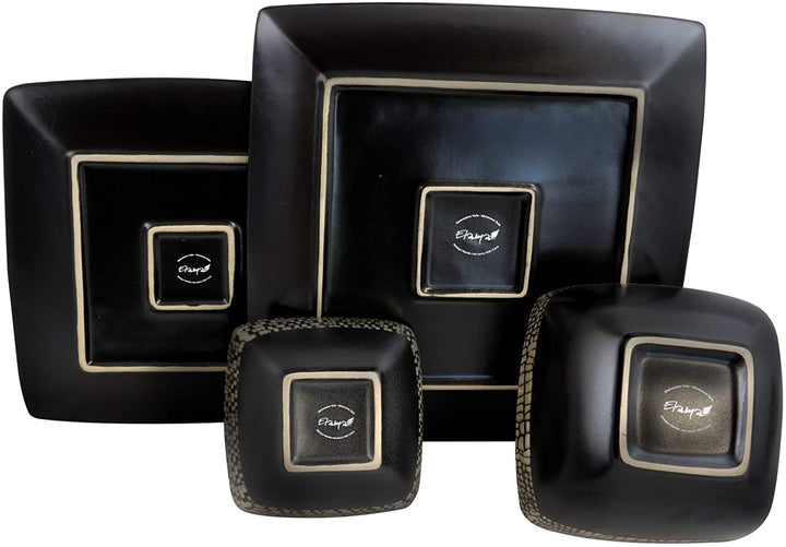 Geo 16 Piece Double Bowl Stoneware Dinnerware Set Brown Geometric Casual Square Microwave Safe - Diamond Home USA