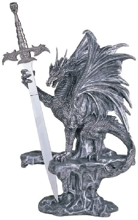 12" h Medieval Silver Dragon anding Rock Sword Guardian