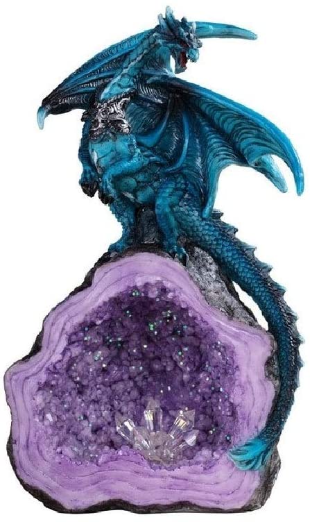 8" h Blue Dragon Guarding Purple Crystal Cave Statue Fantasy