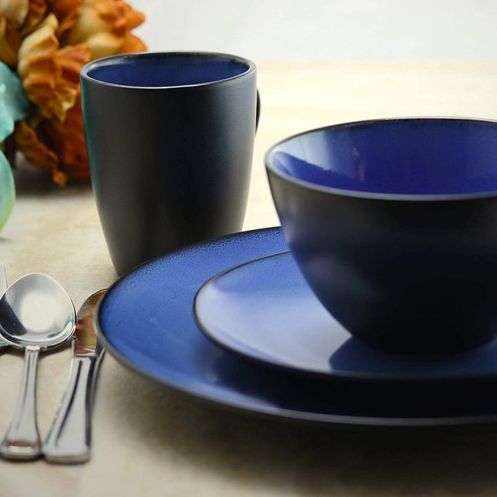 Downtown Round 16pc Dinnerware Set Blue Solid Casual Stoneware 16 Piece Microwave Safe - Diamond Home USA