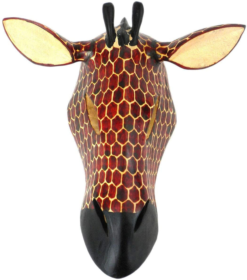 Hand Carved Wood African Giraffe Mask Handmade Red Traditional - Diamond Home USA
