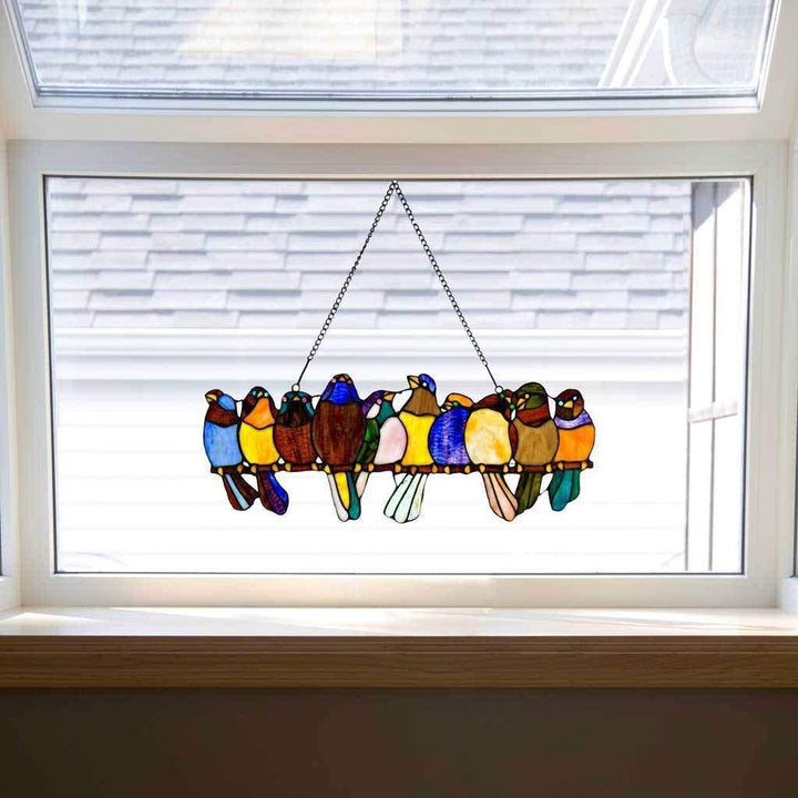Stained Glass Birds Wire 9 25 inch Window Panel 24 25" l X 0 25" w 9 5" h Green White Yellow Modern Contemporary Animals Includes Hardware