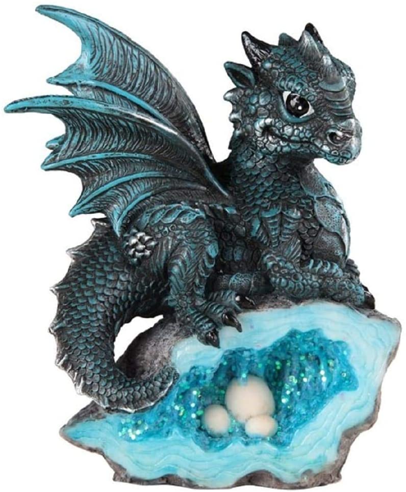 5" h Blue Baby Dragon Crystal Egg Nest Statue Fantasy