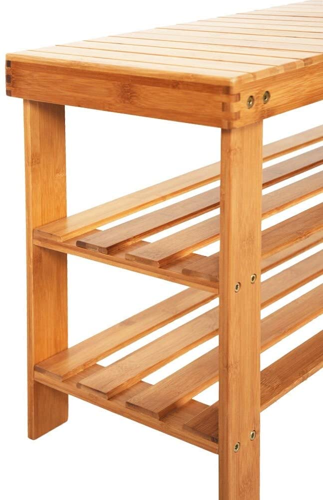 90cm Strip Pattern 3 Tiers Bamboo Stool Shoe Rack Wood Color Brown - Diamond Home USA