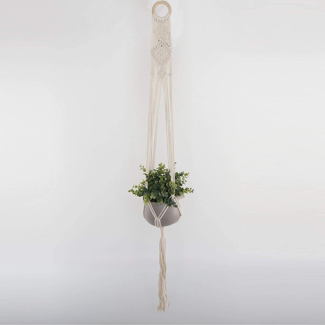 43" H Hanging Macrame Planter Hanger White Mid Century Modern Round Ceramic Handmade - Diamond Home USA
