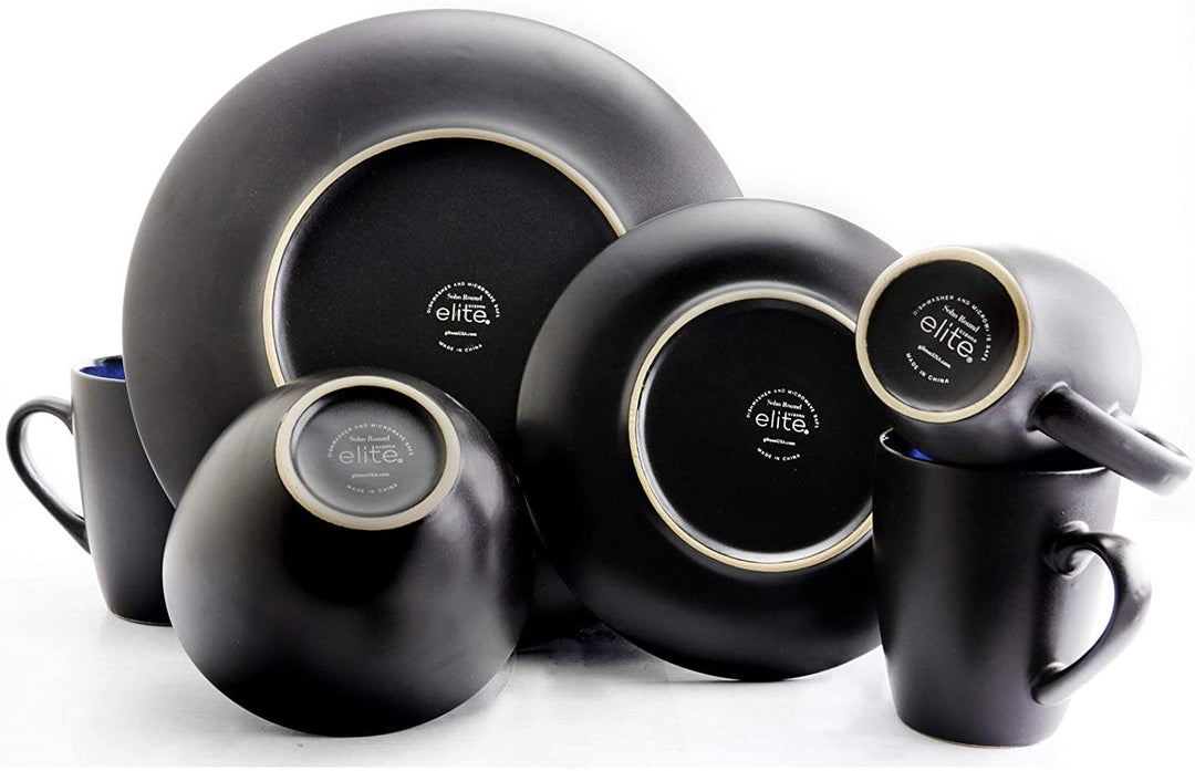 Downtown Round 16pc Dinnerware Set Blue Solid Casual Stoneware 16 Piece Microwave Safe - Diamond Home USA