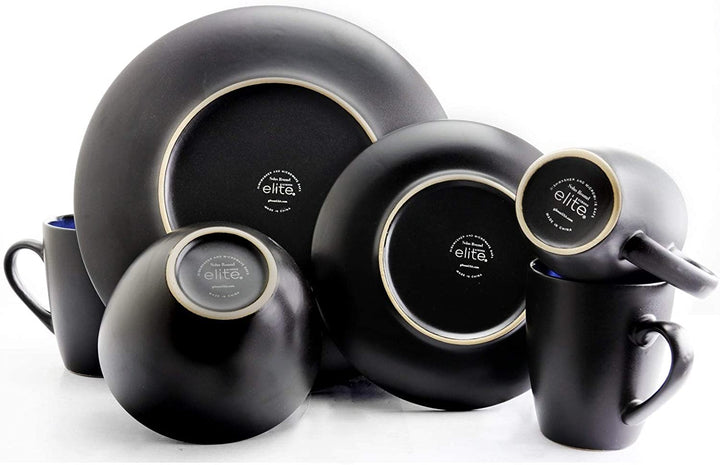 Downtown Round 16pc Dinnerware Set Blue Solid Casual Stoneware 16 Piece Microwave Safe - Diamond Home USA