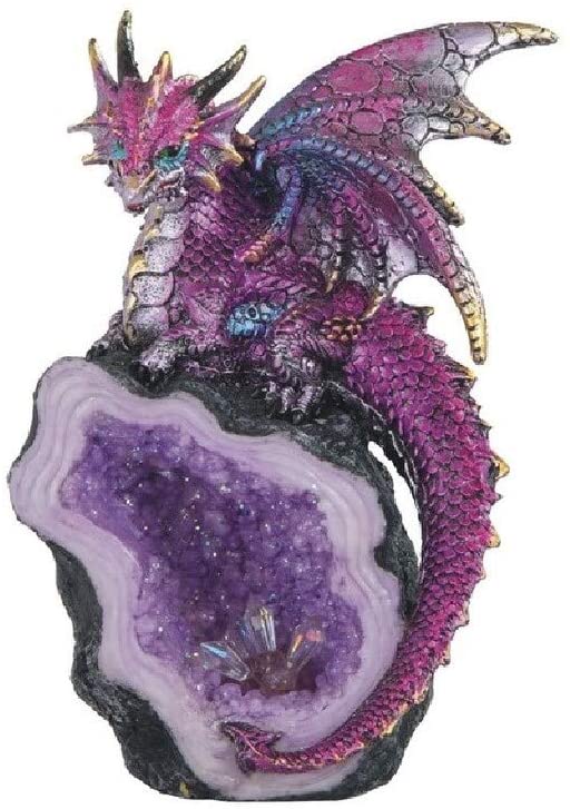 8" h Purple Dragon Guarding Crystal Cave Statue Fantasy