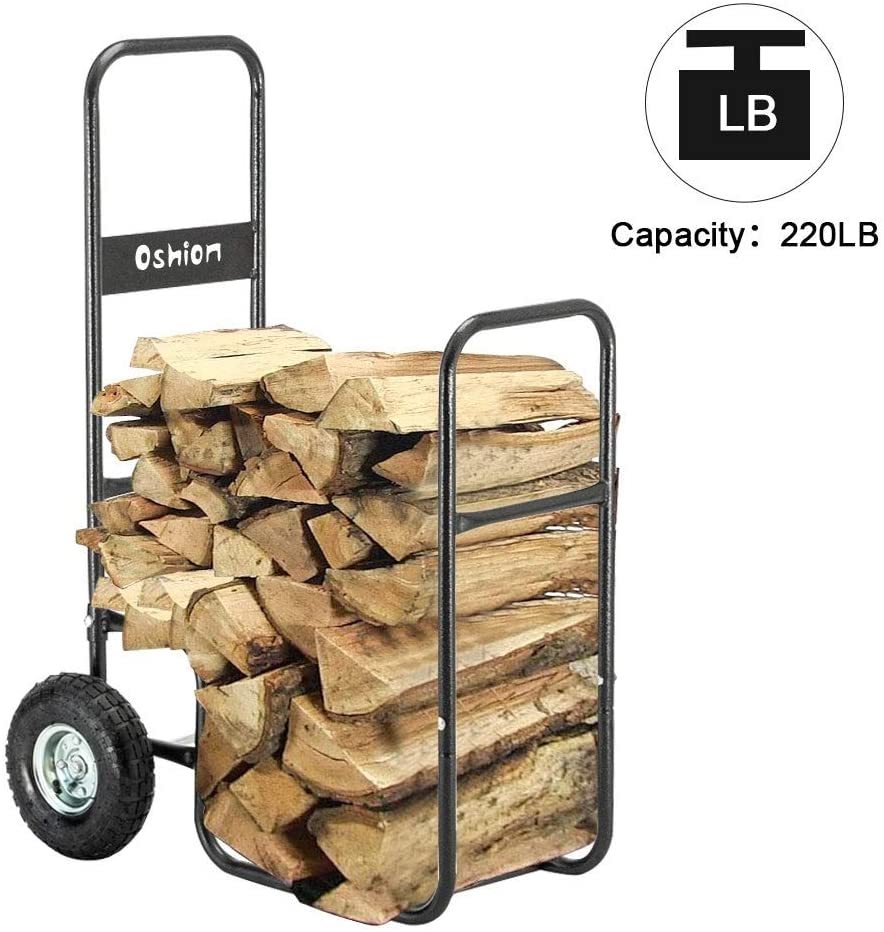 Firewood Cart Large Wheels Fireplace Log Rolling Caddy Wood Black Metal - Diamond Home USA