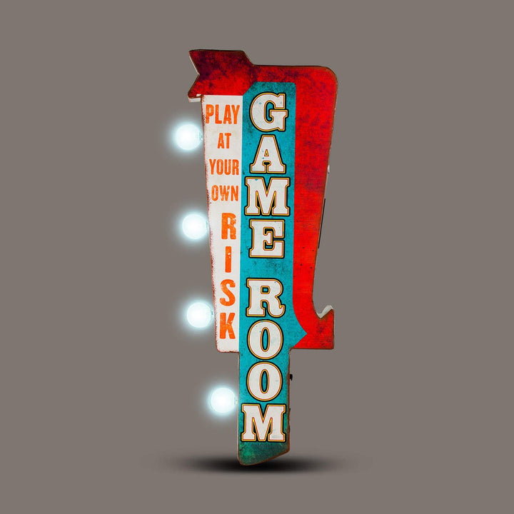 25 5" X 8 75" Blue White Vintage Game Room Themed Light Up Sign Red Retro Arcade LED Wall Decor Rustic Marquee Decoration Lighted Home Accent Garage