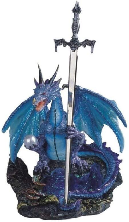 8" h Blue Dragon Sword Pearl Statue Fantasy Decoration