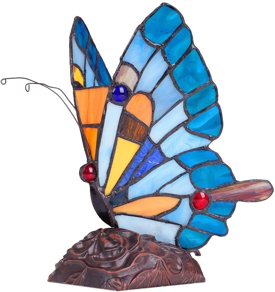 Stained Glass 9 5 inch Tiffany Flying Butterfly Accent Lamp Blue White Yellow Bronze