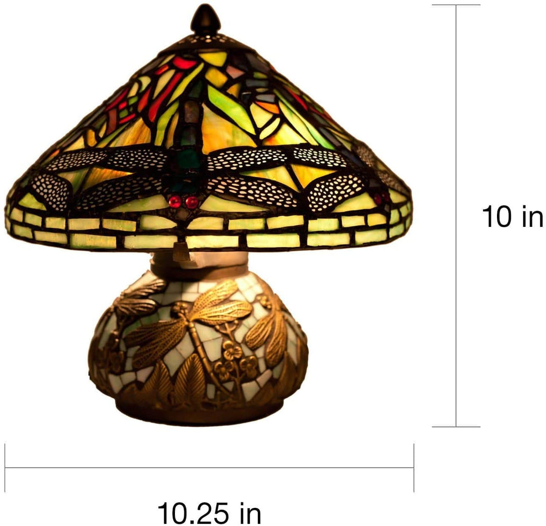 10 inch Tiffany Stained Glass Mini Dragonfly Table Lamp Mosaic Base 10" l X 10" w 10 5" h Brown Traditional Vintage Bronze - Diamond Home USA