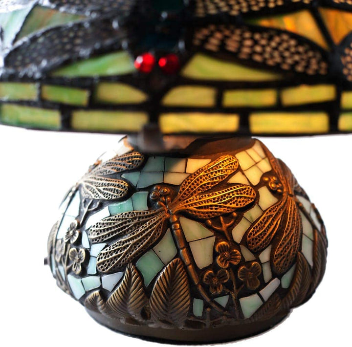 10 inch Tiffany Stained Glass Mini Dragonfly Table Lamp Mosaic Base 10" l X 10" w 10 5" h Brown Traditional Vintage Bronze - Diamond Home USA