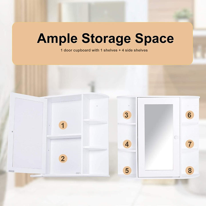 Over Sink Bathroom Storage Organizer Cabinet Mirrored Door Multiple Shelves White Modern Contemporary Glass Wood Glossy Includes Hardware Mirror