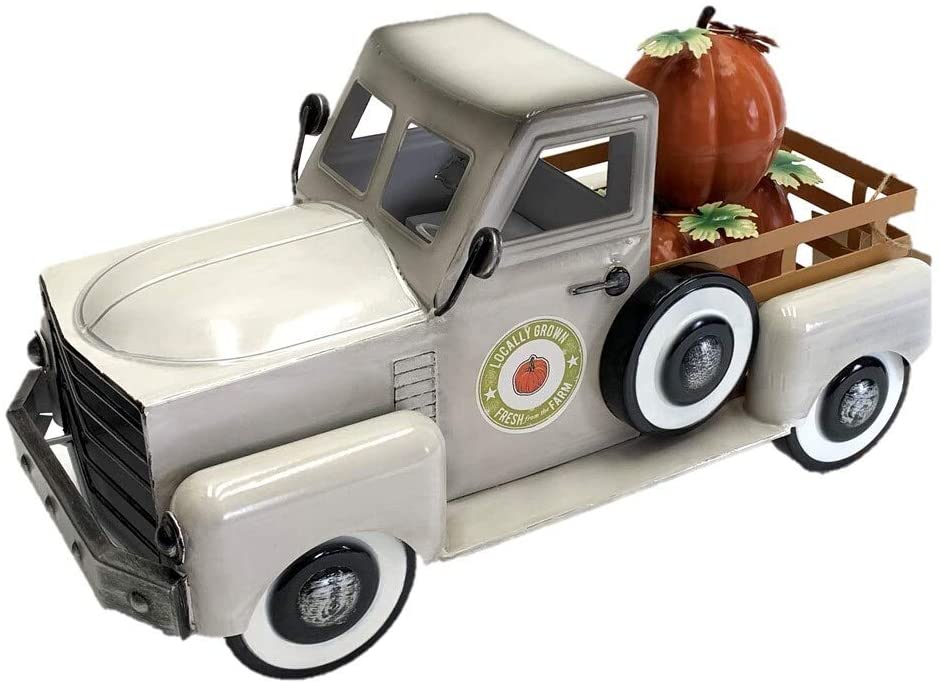 Country Metal Truck Pumpkins Antique White 8 6x18x10