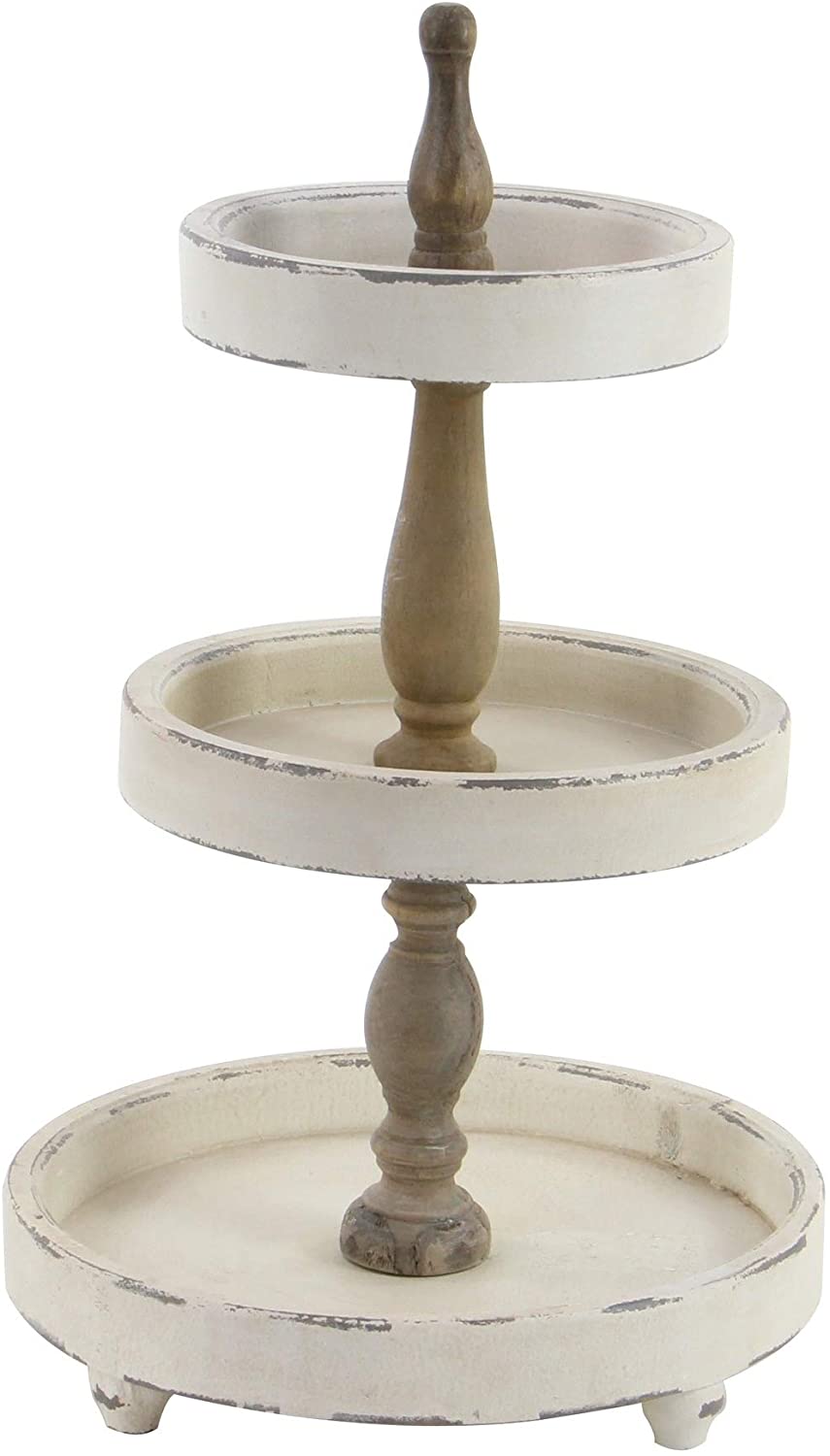 Farmhouse 25 X 15 Inch Wooden 3 Tier Serving Tray Brown Off White Solid Round Wood 1 Piece - Diamond Home USA