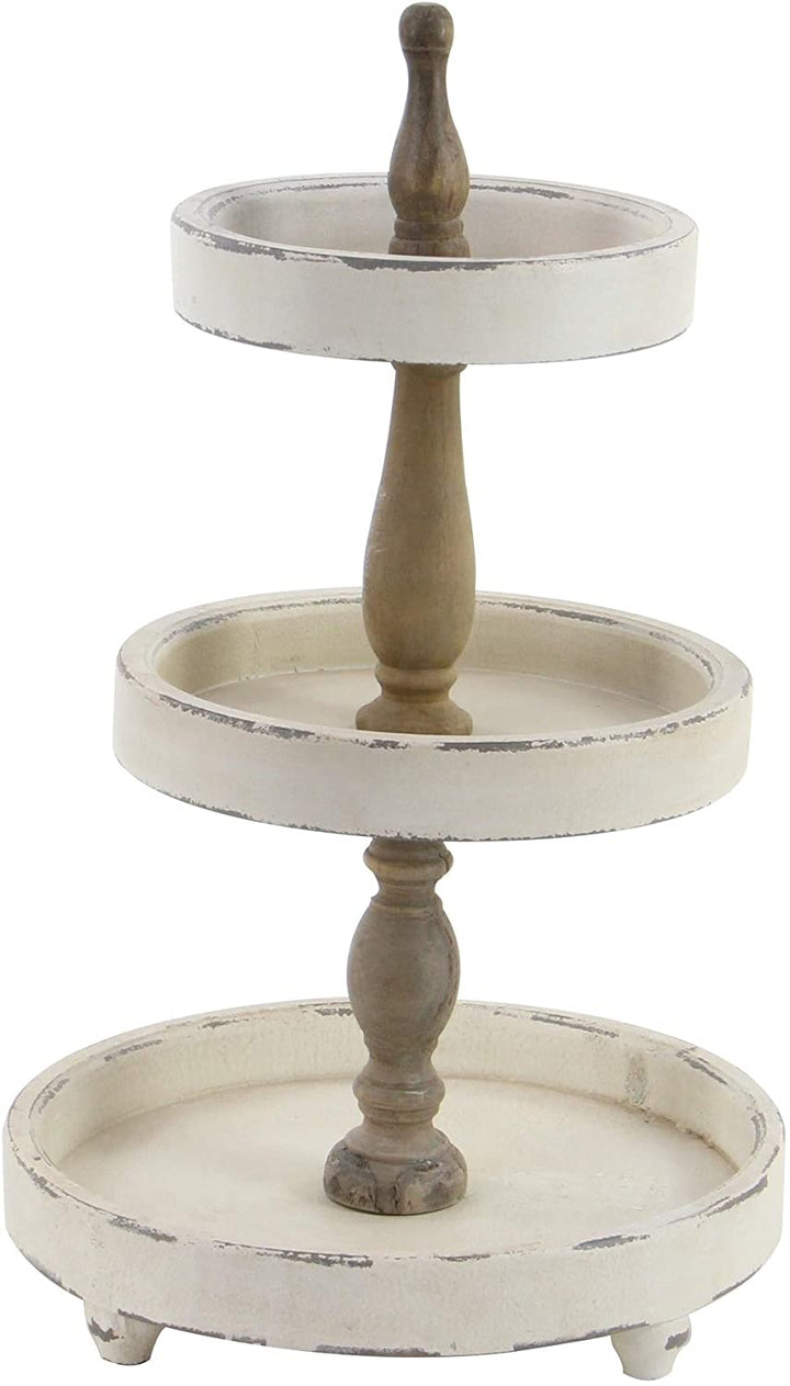Farmhouse 25 X 15 Inch Wooden 3 Tier Serving Tray Brown Off White Solid Round Wood 1 Piece - Diamond Home USA