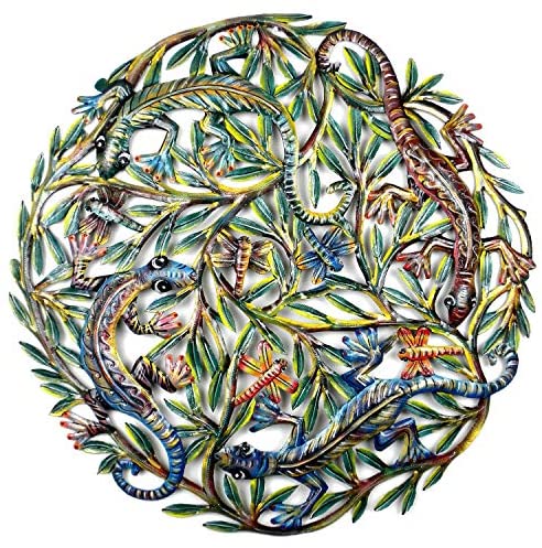 Handmade 24 inch Painted Four Colorful Geckos Metal Wall Art (Haiti) Green Modern Contemporary Steel - Diamond Home USA