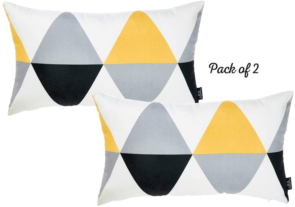 Yellow Scandi Printed Lumbar Pillow Cover 12''x20'' (2 Pcs Set) Cream Abstract Scandinavian Polyester Set 2 Removable - Diamond Home USA