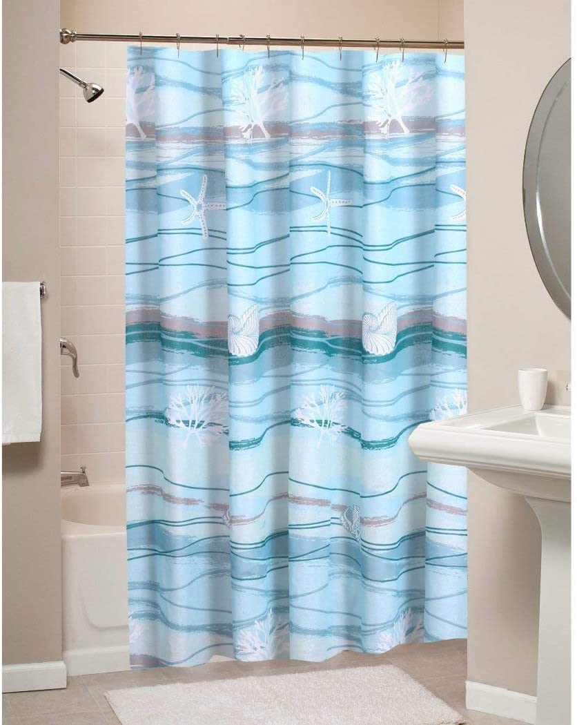 Aqua Grey Coastal Ocean Wave Themed Shower Curtain Silky Elegant Design Sea Shell Coral Oceanic Pattern Polyester Ocean Blue Waves Printed Sky Blue - Diamond Home USA