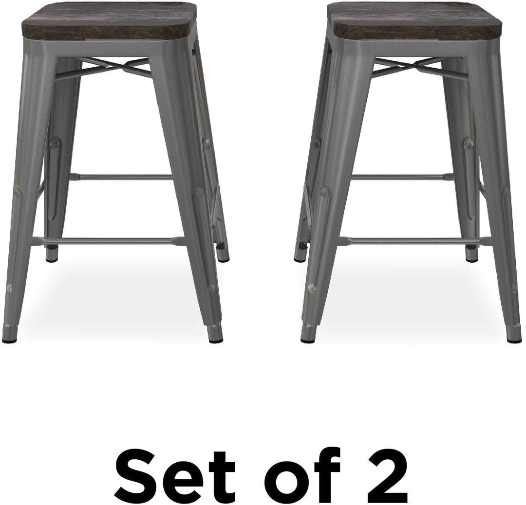 24 inch Metal Counter Stool Wood Seat (Set 2) Grey Farmhouse Silver Finish - Diamond Home USA