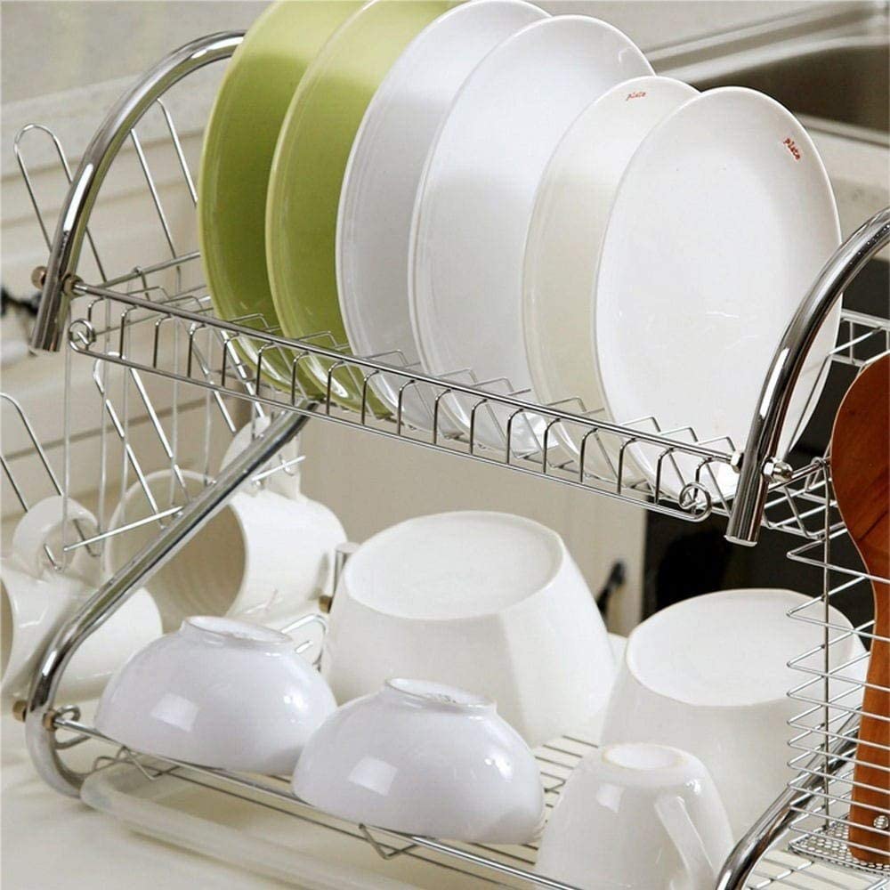 MISC Aluminum Multifunctional S Shaped Dual Layer Bowls/Dishes/Chopsticks/Spoons Shelf Dish Drainer Silver White Finish