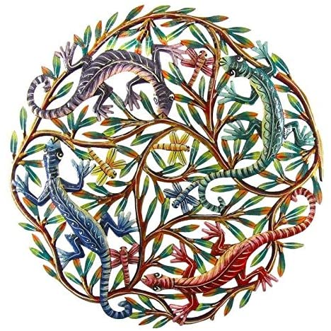 Handmade 24 inch Painted Four Colorful Geckos Metal Wall Art