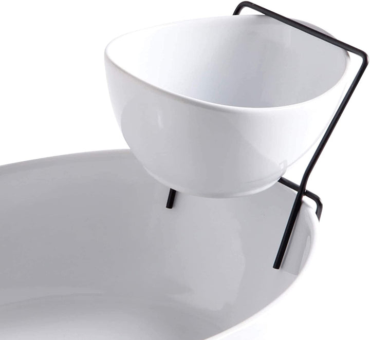 Dining 2 Tier Chip Dip Server Set White Solid Classic Oval Ceramic 3 Piece Dishwasher Safe - Diamond Home USA