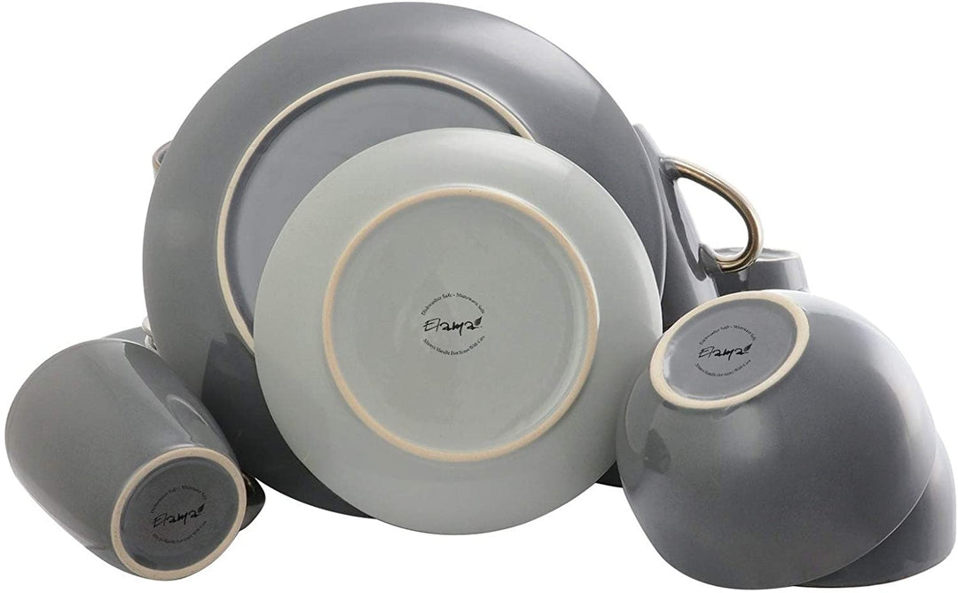 Grand 16pc Luxurious Stoneware Dinnerware Set Stone Grey Solid Casual Round 16 Piece Microwave Safe - Diamond Home USA