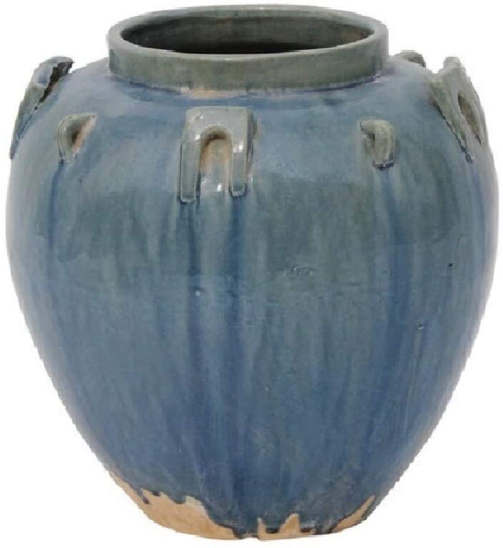 MISC Ceramic Round Pot Six Loop 9 Inch Tall Antique Blue