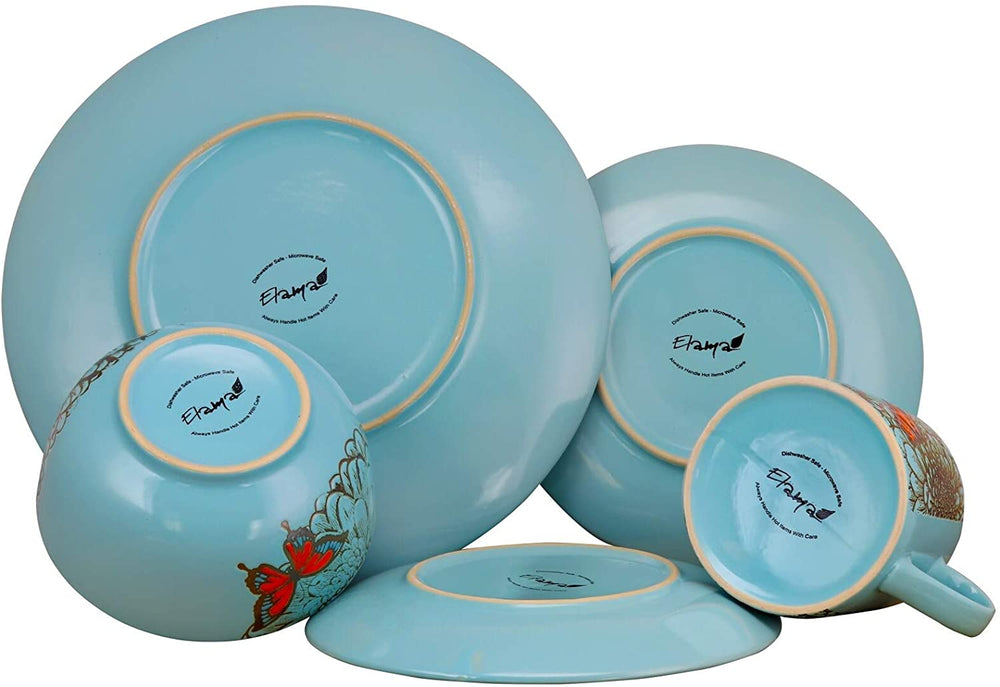 Flower Garden 16 Piece Stoneware Dinnerware Set Blue Floral Casual Round Microwave Safe - Diamond Home USA